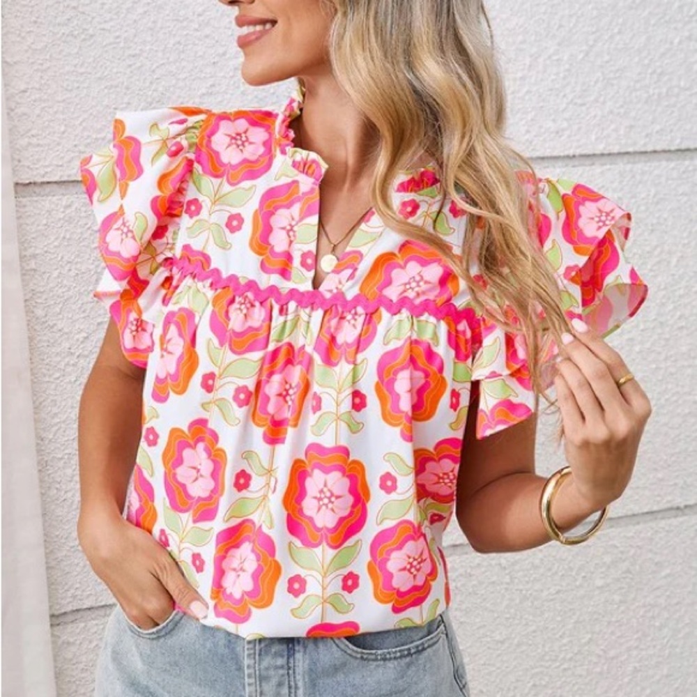 MOD BOUTIQUE Aapparella Floral Retro Boho Ruffle Sleeve Ric Rac Trim Shift Top